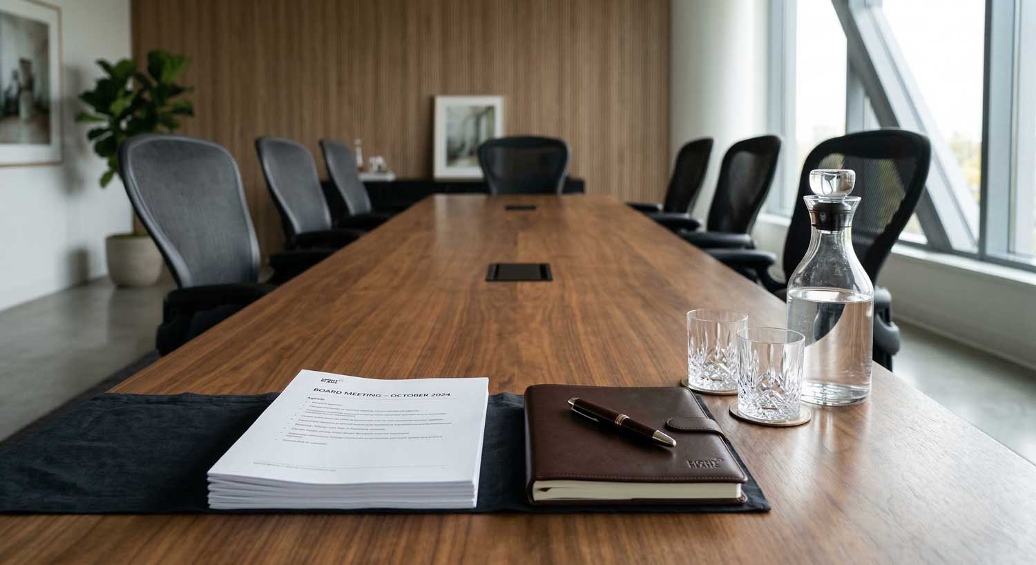 A board-meeting agenda set out on a polished conference table