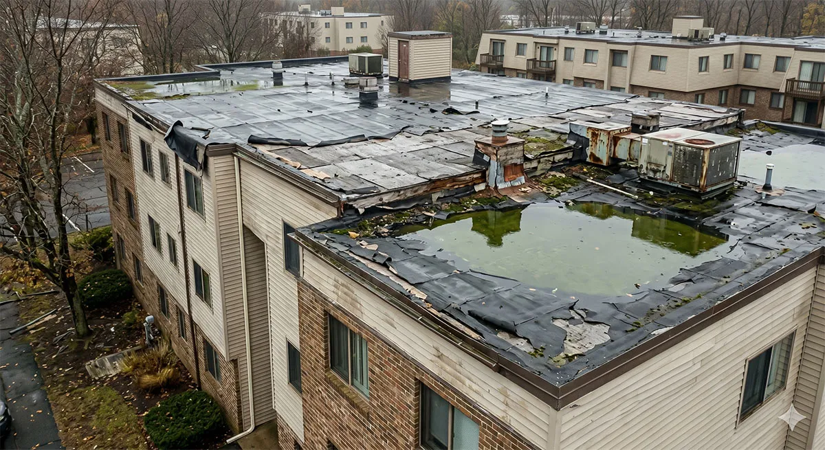 Aging condominium roof showing signs of deferred maintenance — a common trigger for HOA special assessments