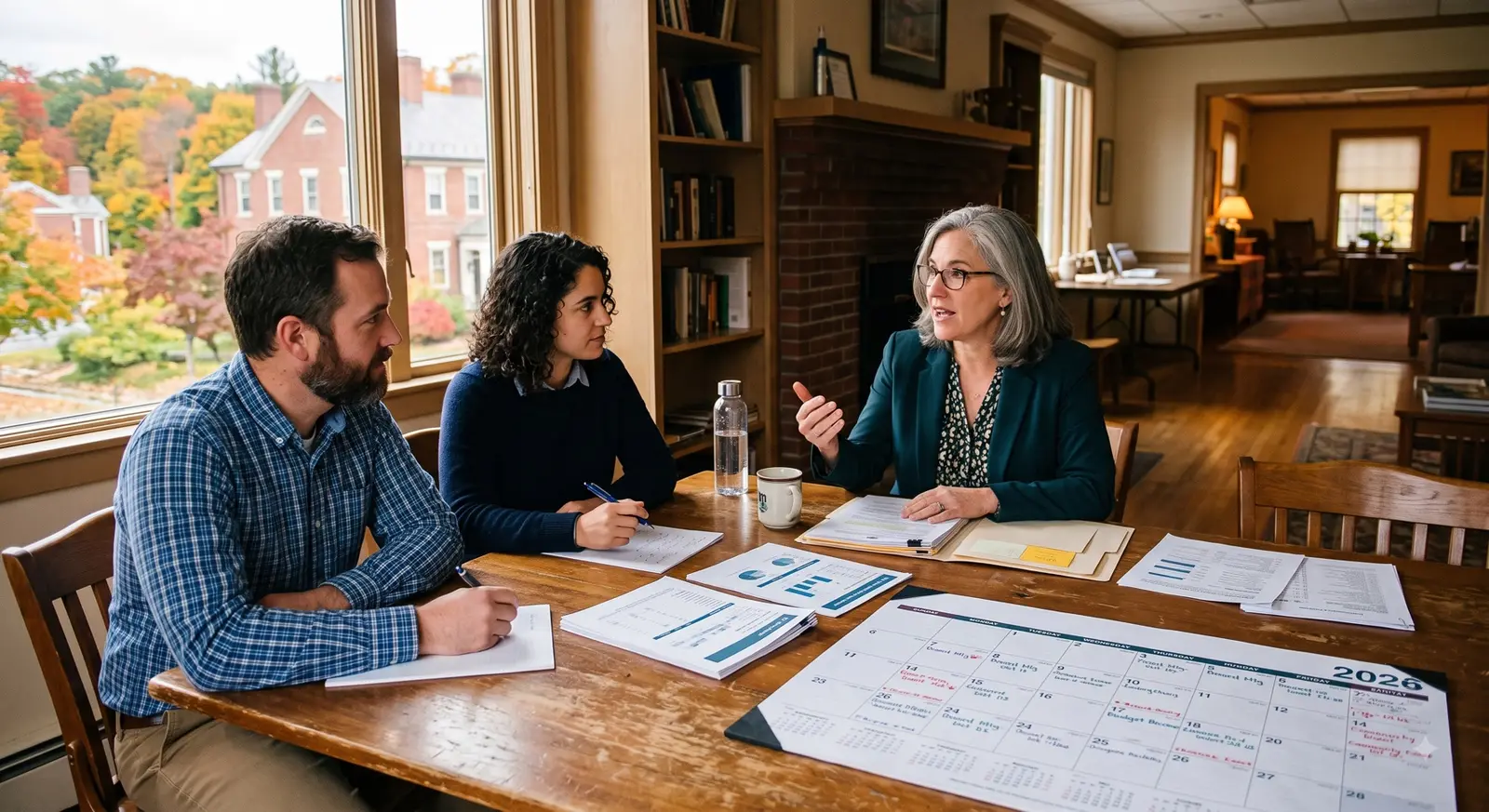 Connecticut condominium board members reviewing budget documents in a community meeting room