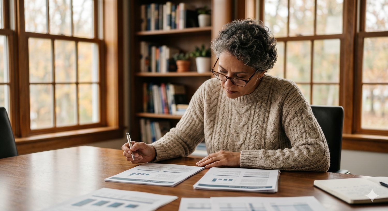 A board member reviewing HOA management fee documents at a conference table