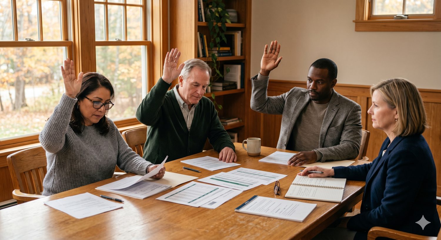An HOA board voting on a special assessment at a community meeting