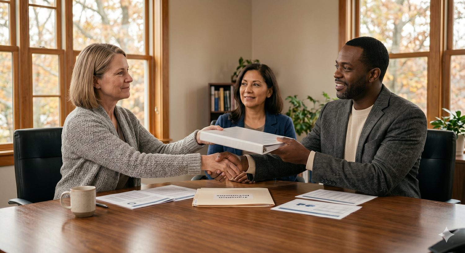 Board members completing a management company transition handoff with documents