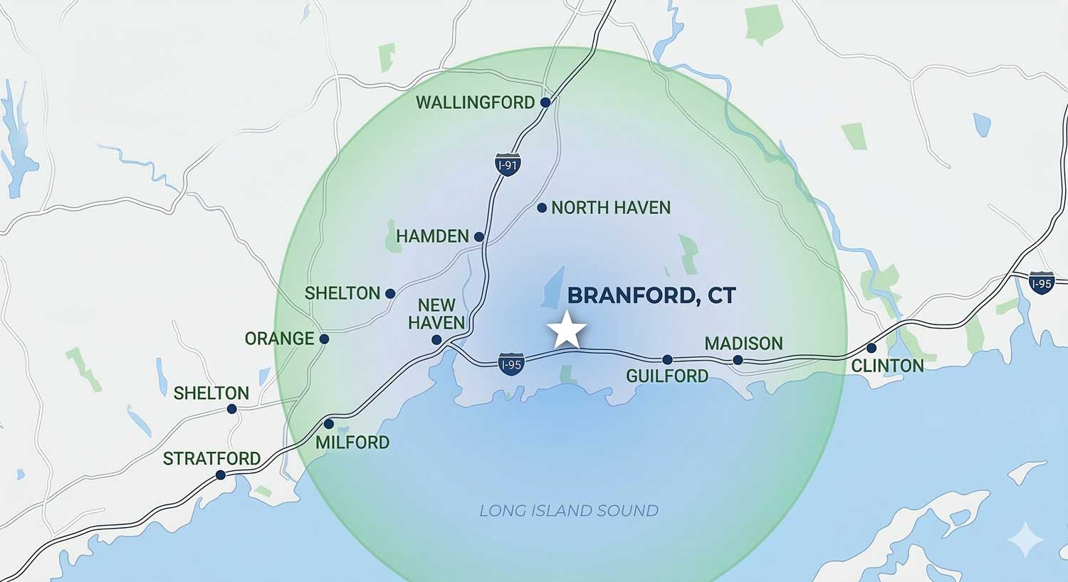 CPE service area centered on New Haven, Connecticut — covering Greater New Haven, the Shoreline, Fairfield, and Middlesex Counties